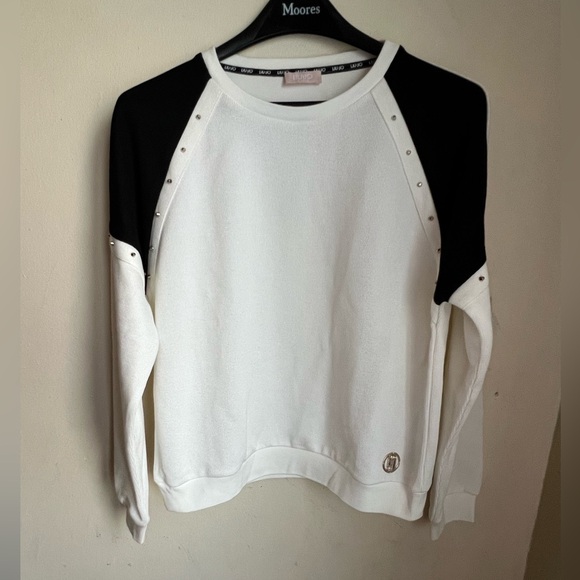 LIU JO MILANO IVORY WHITE CHIFFON TIE NECK V-NECK KNIT SWEATER - Picture 1 of 9